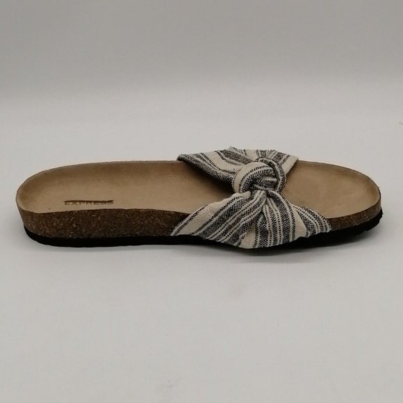 Express Womens Slide Sandal Black Cream Stripe Knot Molded Footbed‎ Flat 10 - Picture 2 of 9